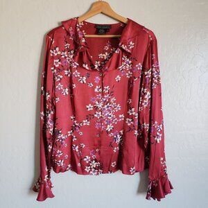 Tess Studio Vintage Silk Floral Ruffled Satin Blouse Red Women's 12 Romantic Y2K